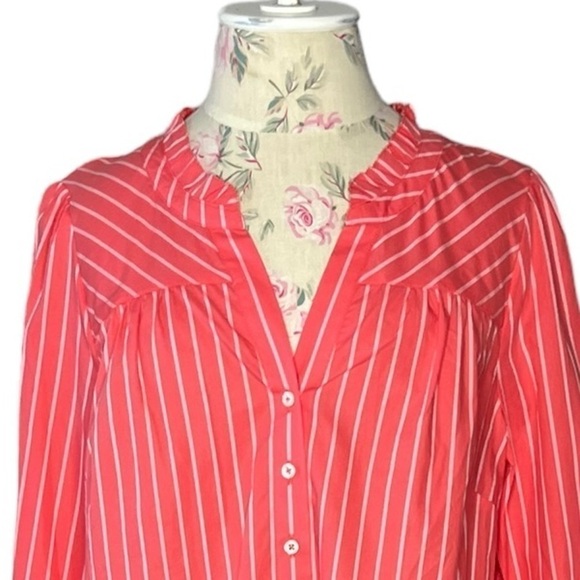 Talbots 100% cotton, coral & white pinstriped button-down ruffle trim shirt Sz L - Picture 7 of 15